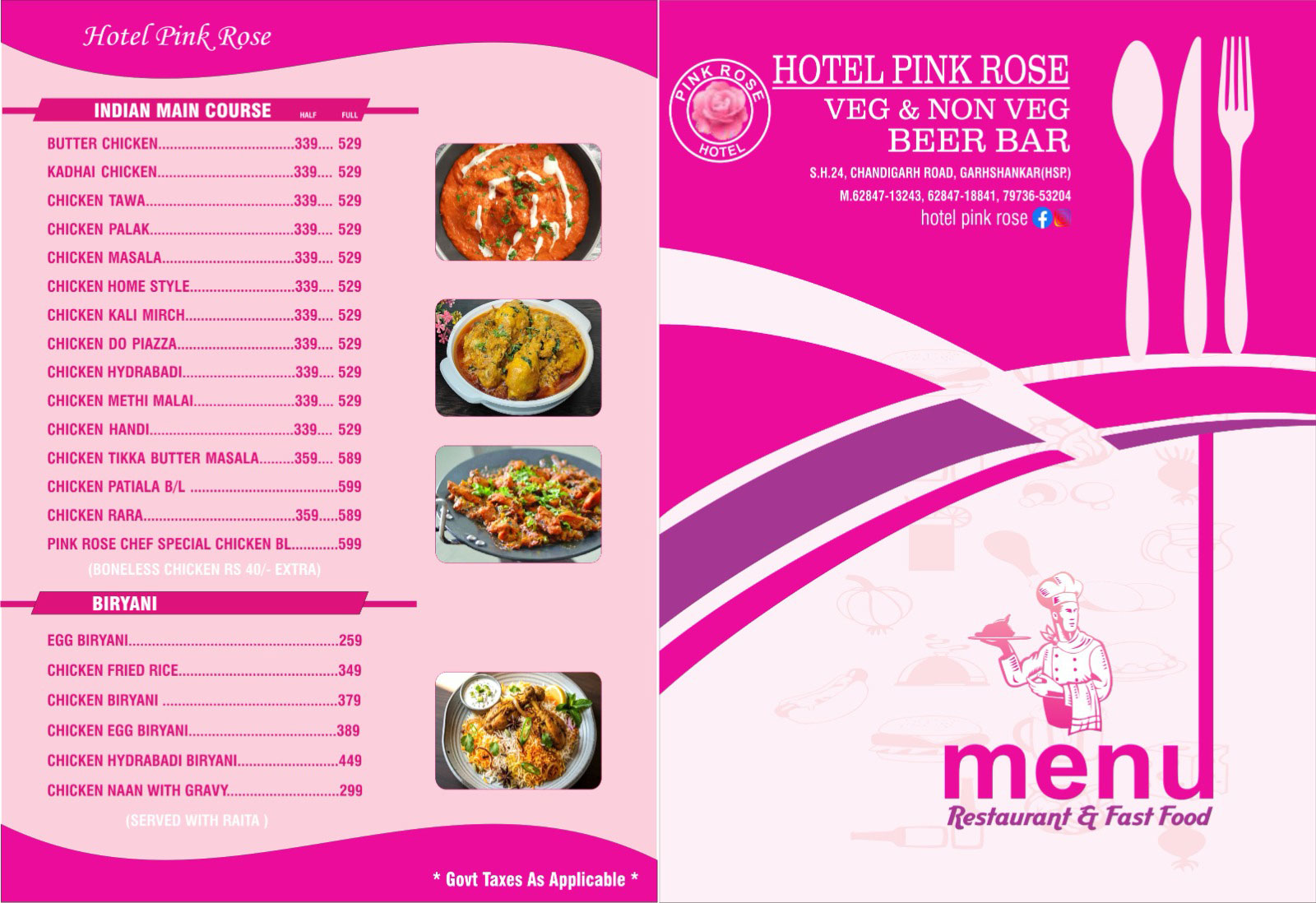 Menu Hotel Pink Rose Garhshankar Hoshiarpur